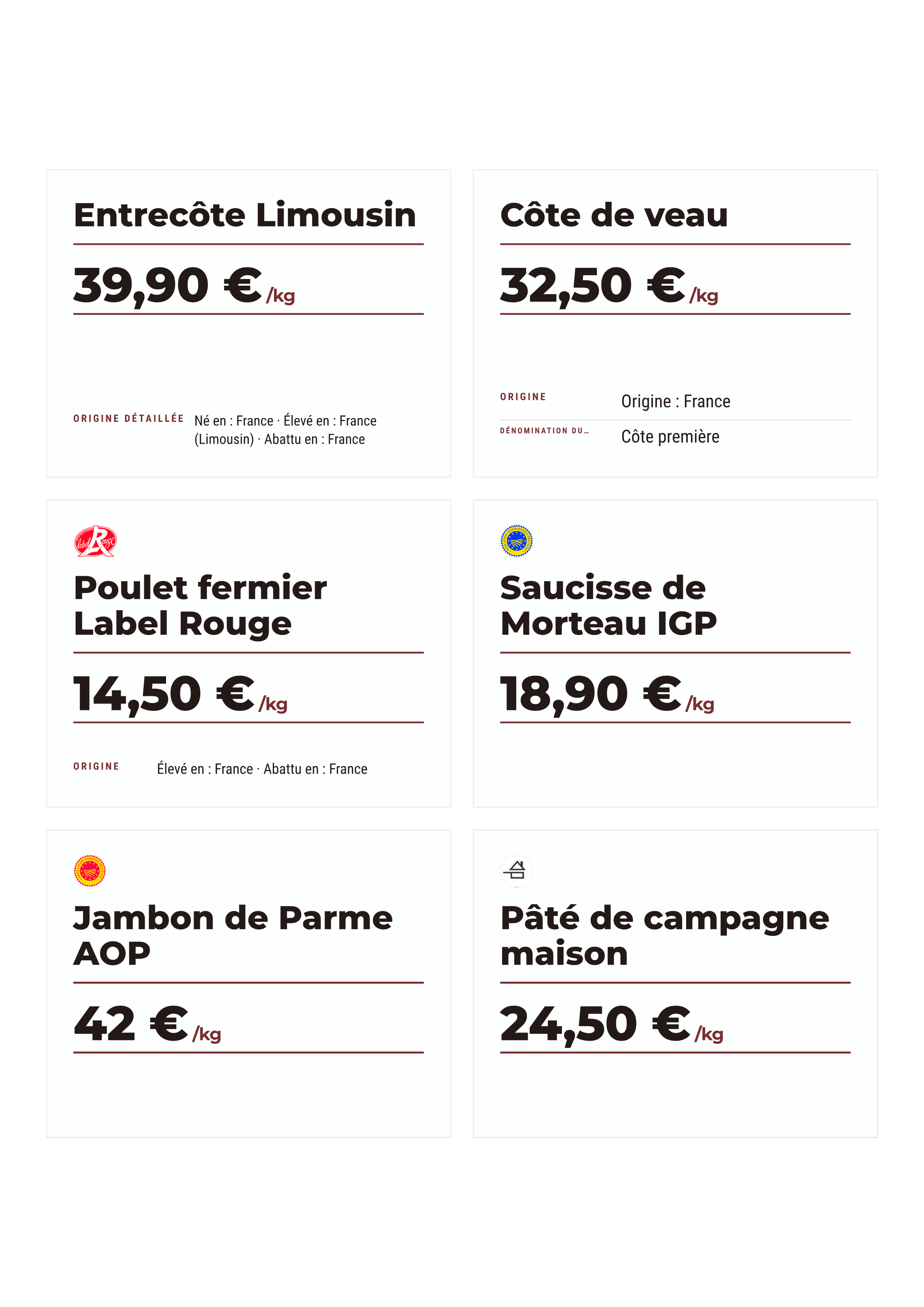 Planche d'étiquettes boucherie & charcuterie — origine détaillée, Label Rouge, IGP Morteau, AOP Parme