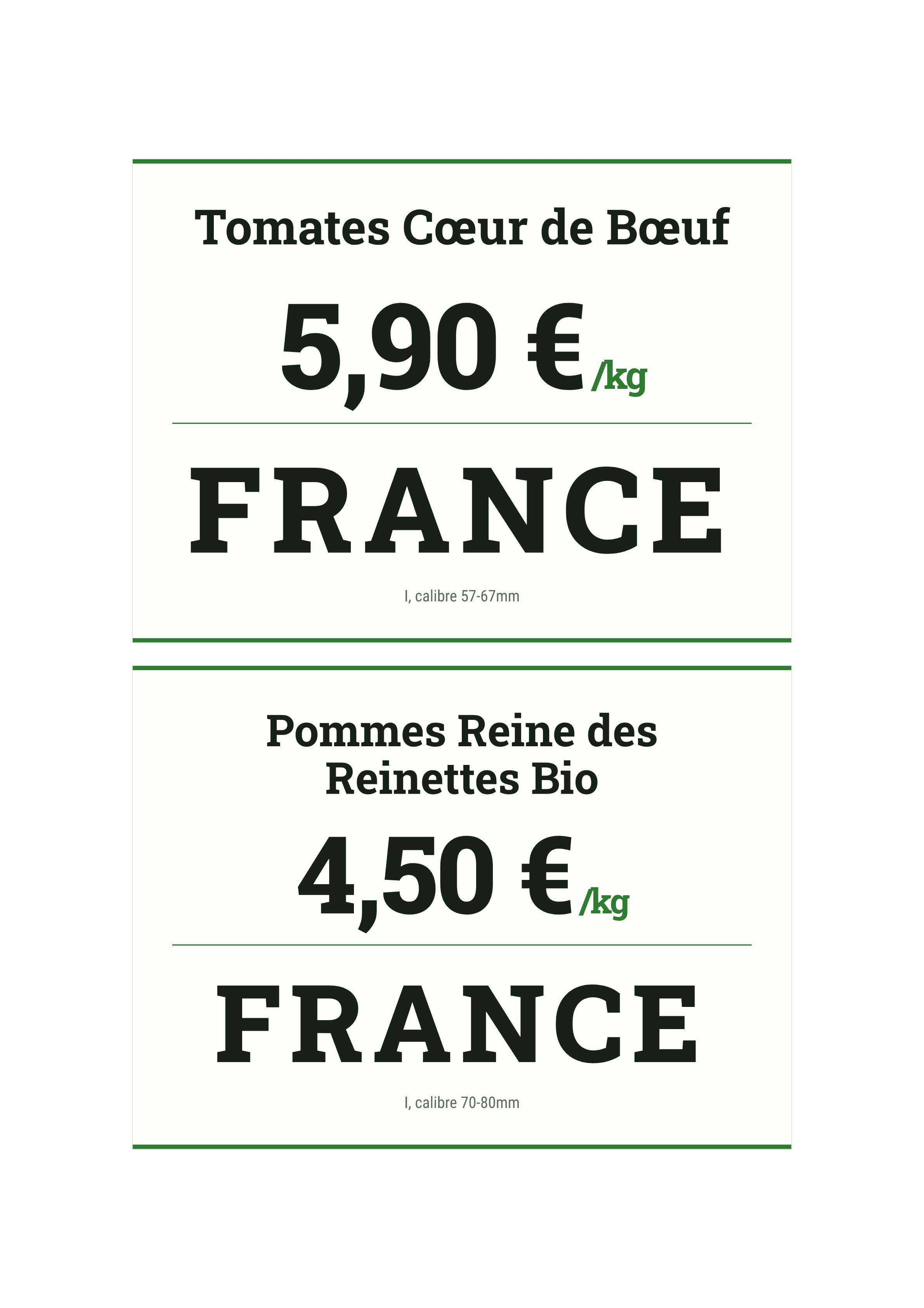Planche pique-prix primeur — variété, calibre, origine France, Bio