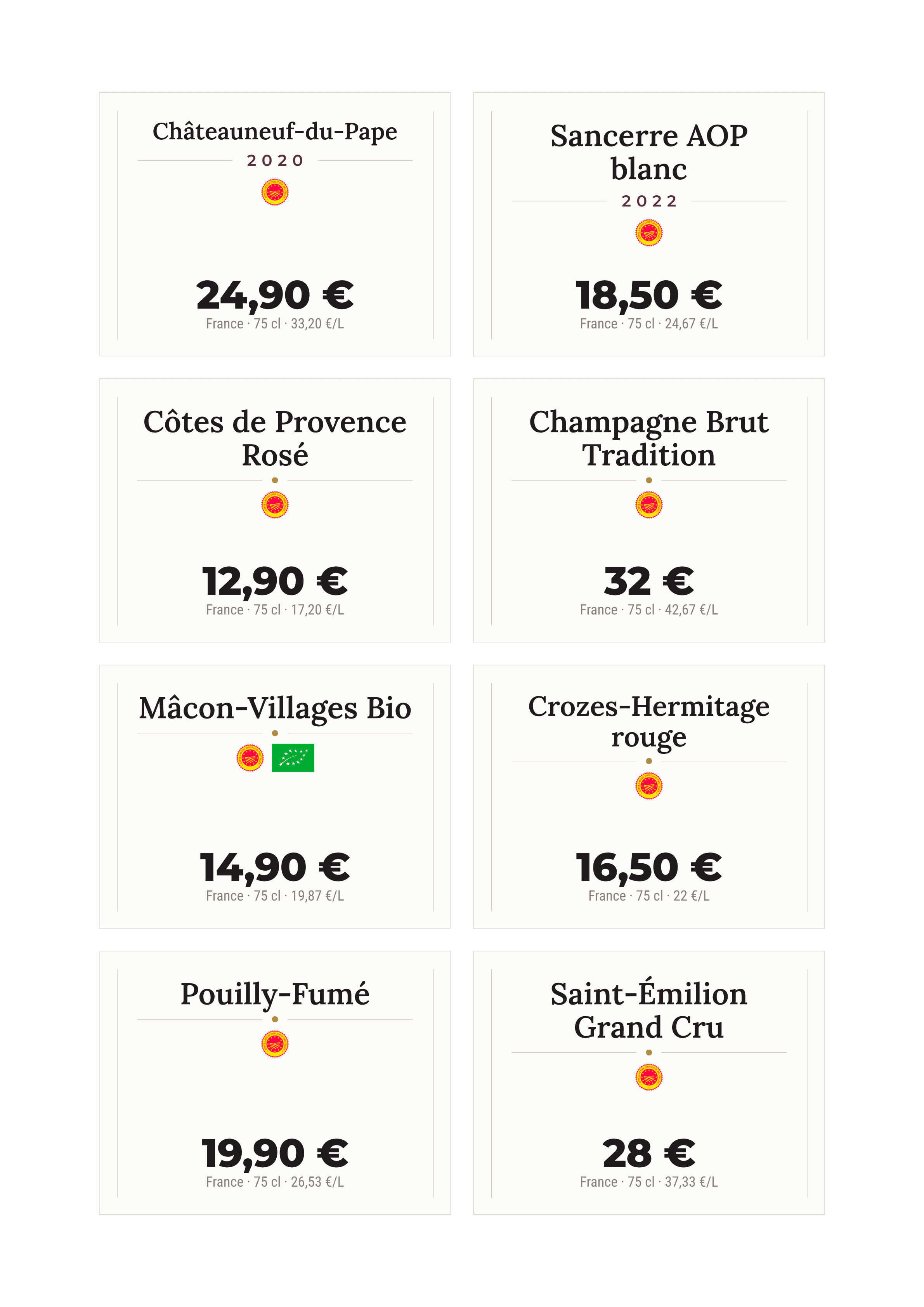 Planche d'étiquettes cave — neuf vins AOP français en format vitrine