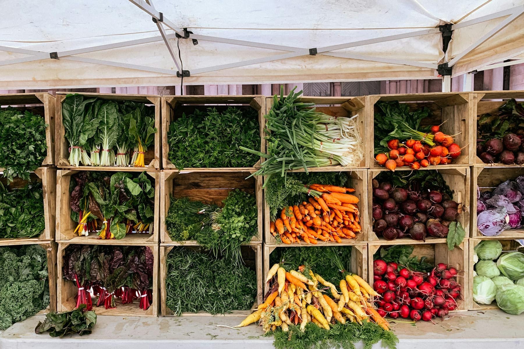 Mur de cagettes en bois garnies de légumes frais sur l'étal d'un primeur