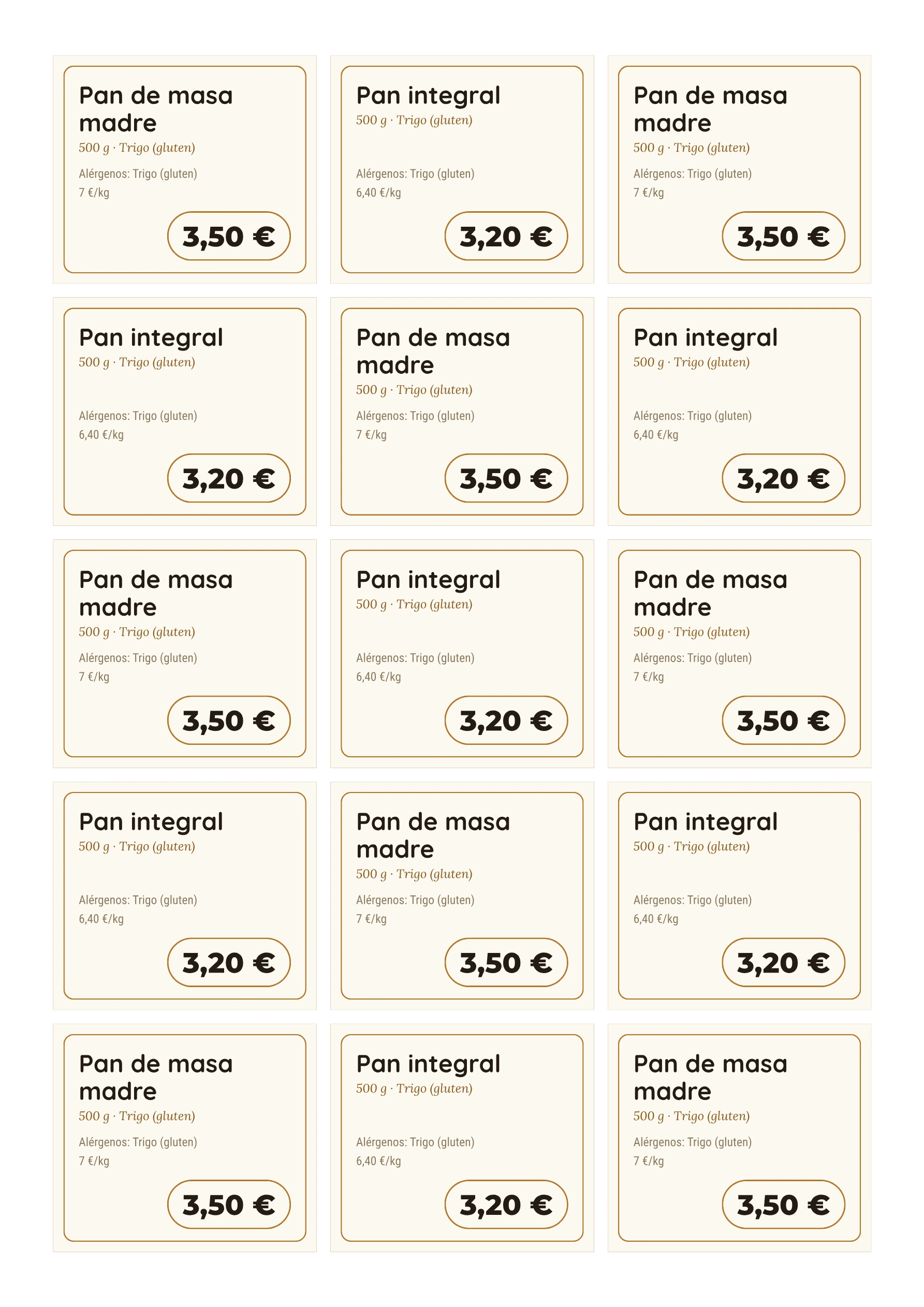 Hoja de etiquetas de ejemplo — Pan
