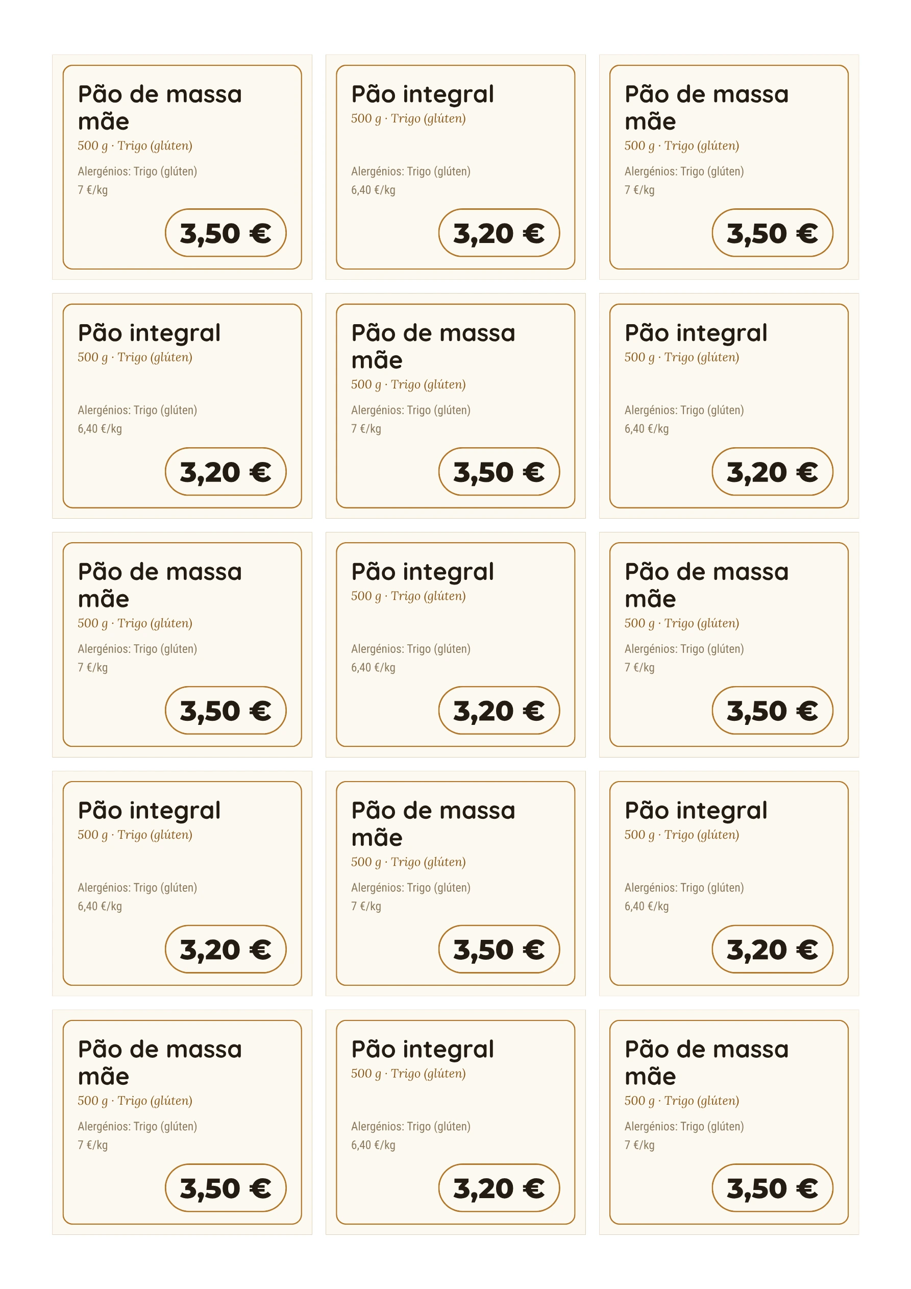 Folha de etiquetas de exemplo — Pão