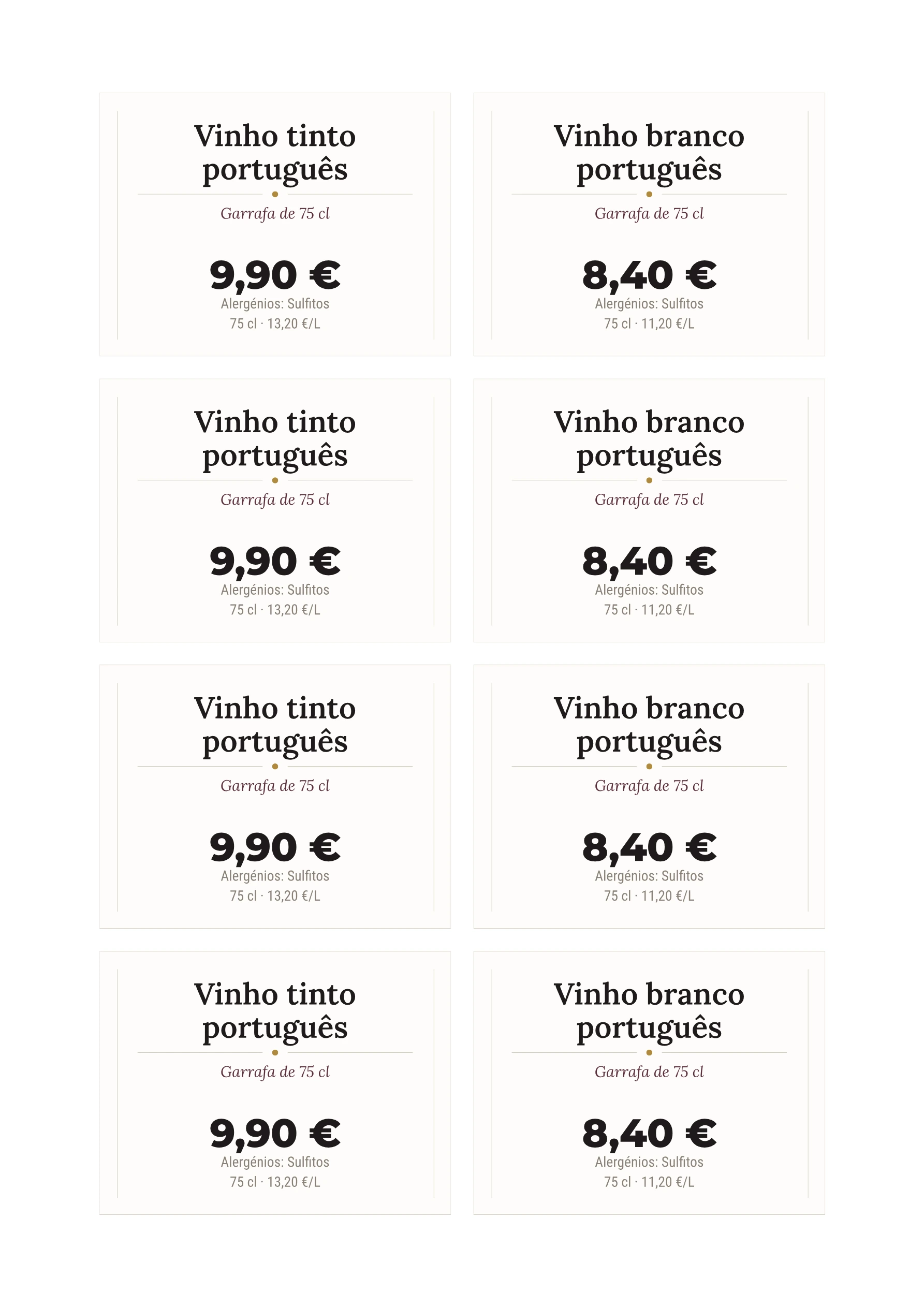 Folha de etiquetas de exemplo — Vinhos