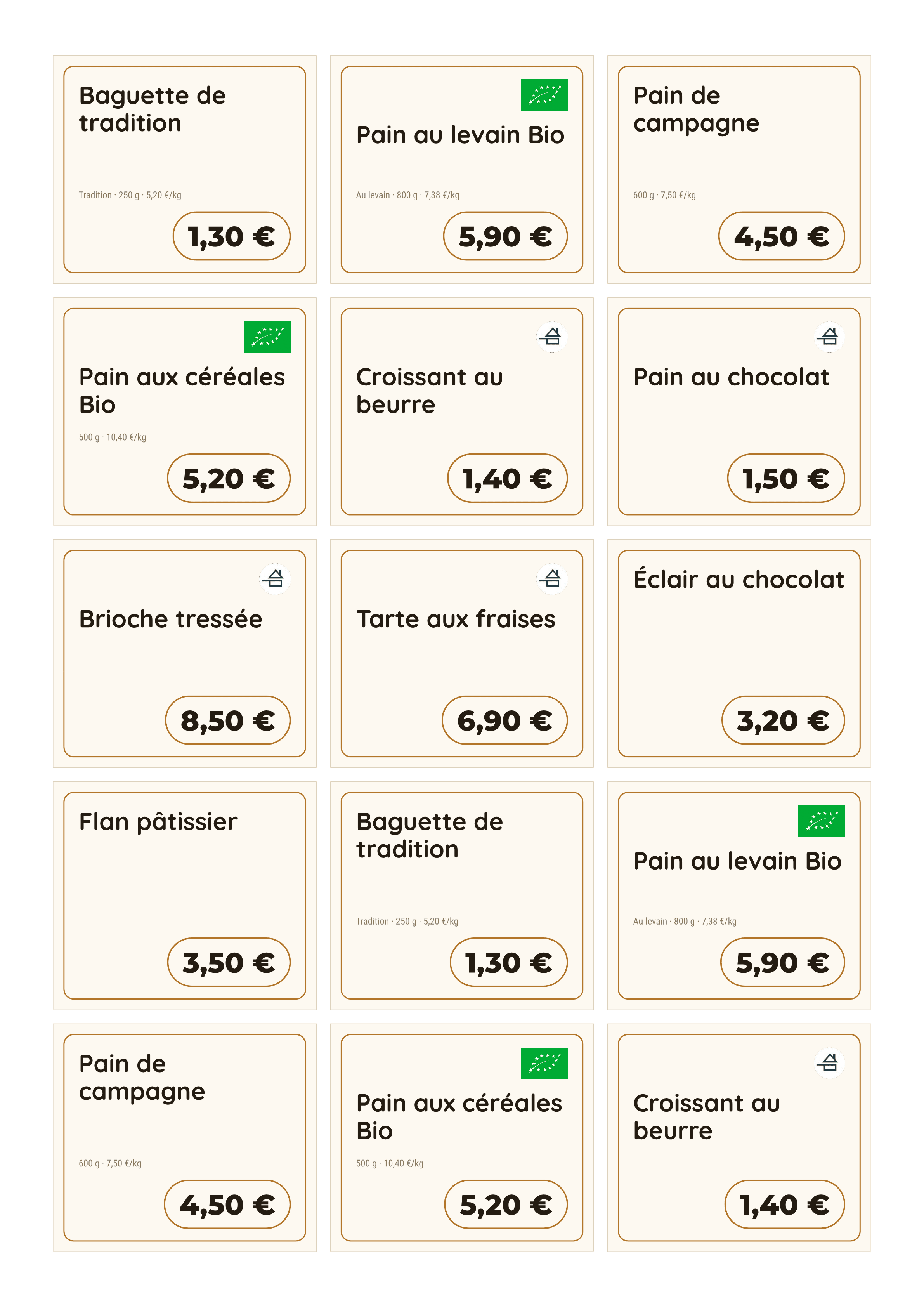 Planche d'étiquettes boulangerie — pains, viennoiseries, mention Bio et fait maison