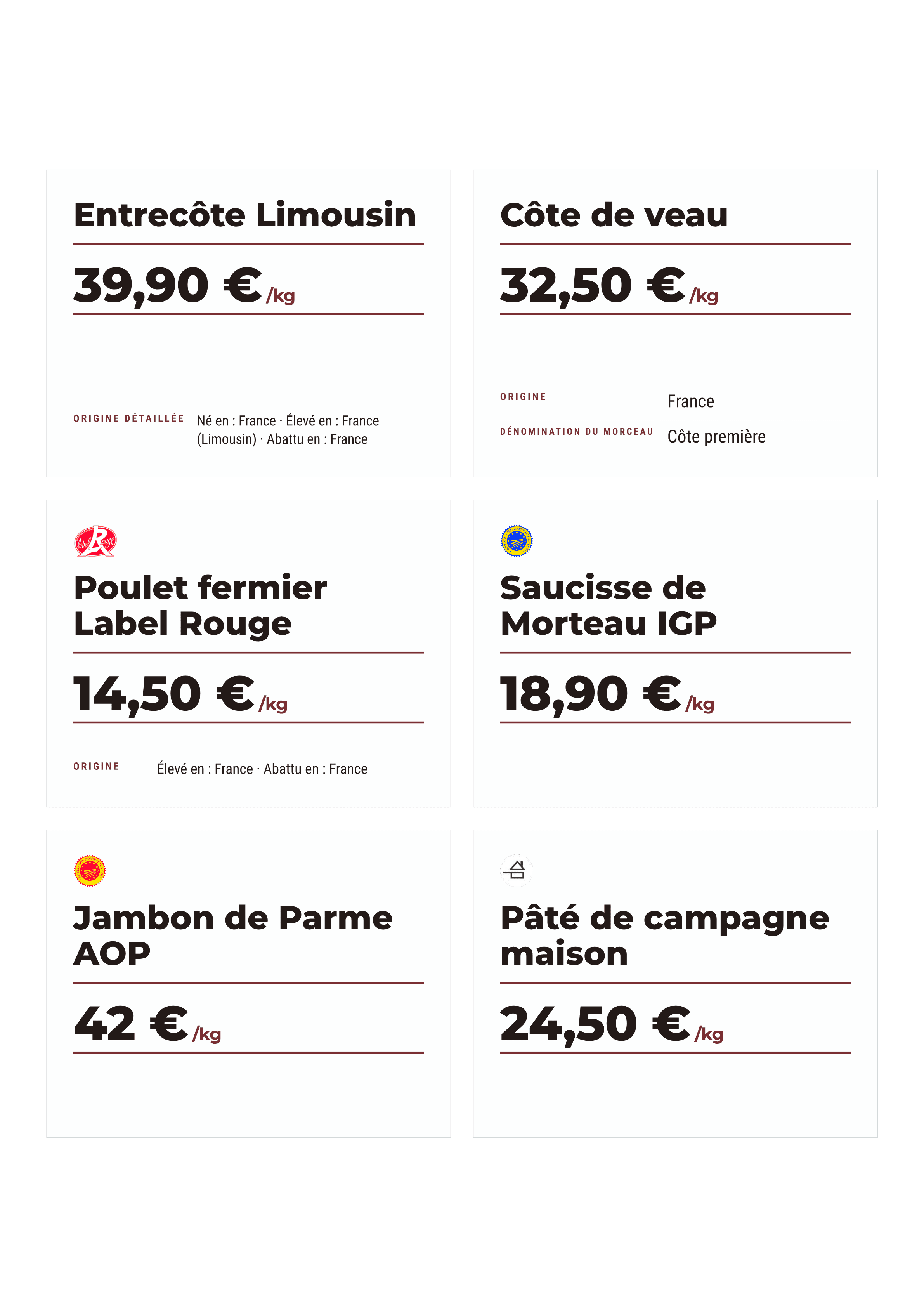 Planche A4 d'écriteaux de viande variés, chacun avec son morceau, son prix au kilo et son origine, prête à imprimer puis à découper