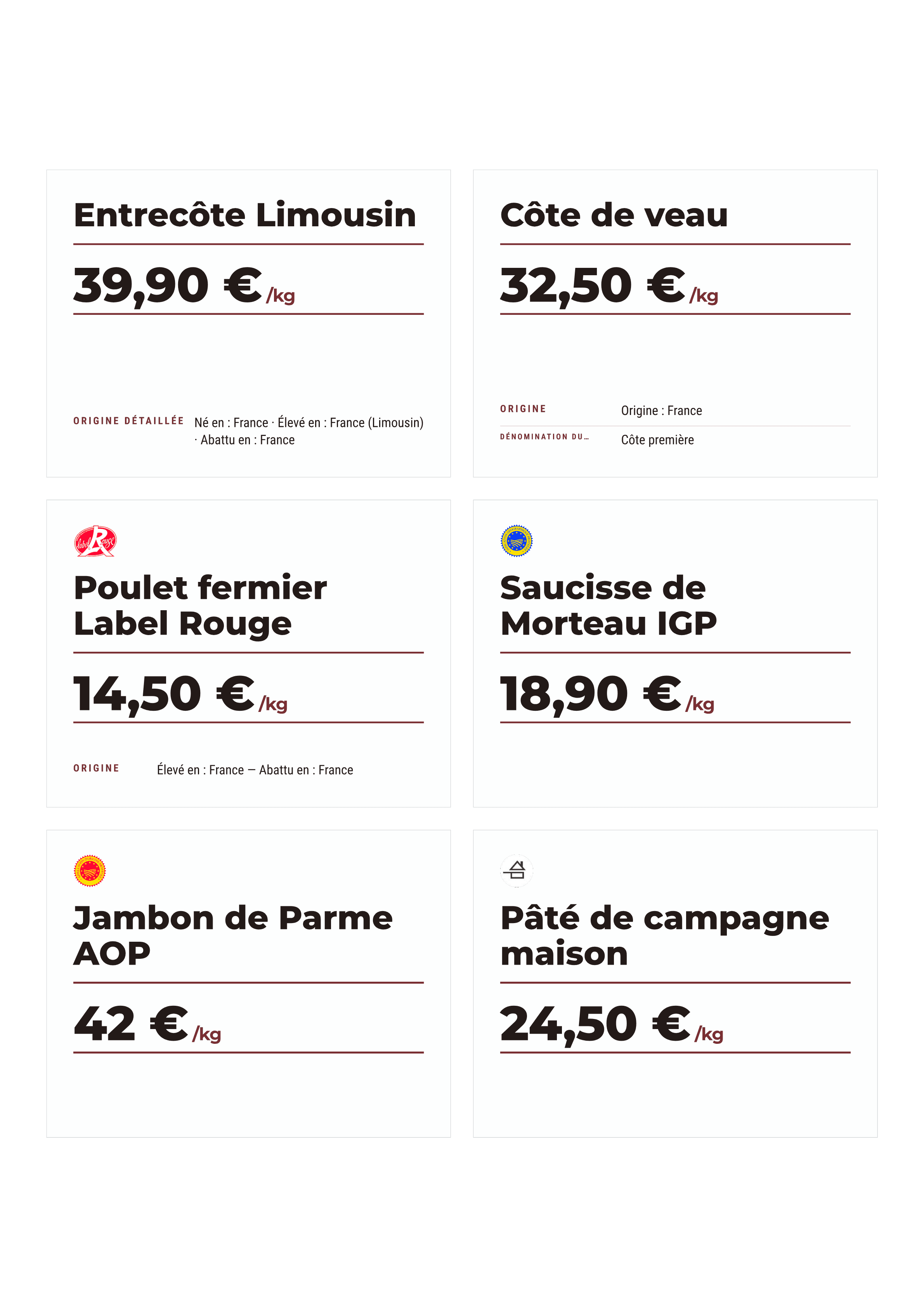 Planche A4 d'écriteaux de viande variés, chacun avec son morceau, son prix au kilo et son origine, prête à imprimer puis à découper