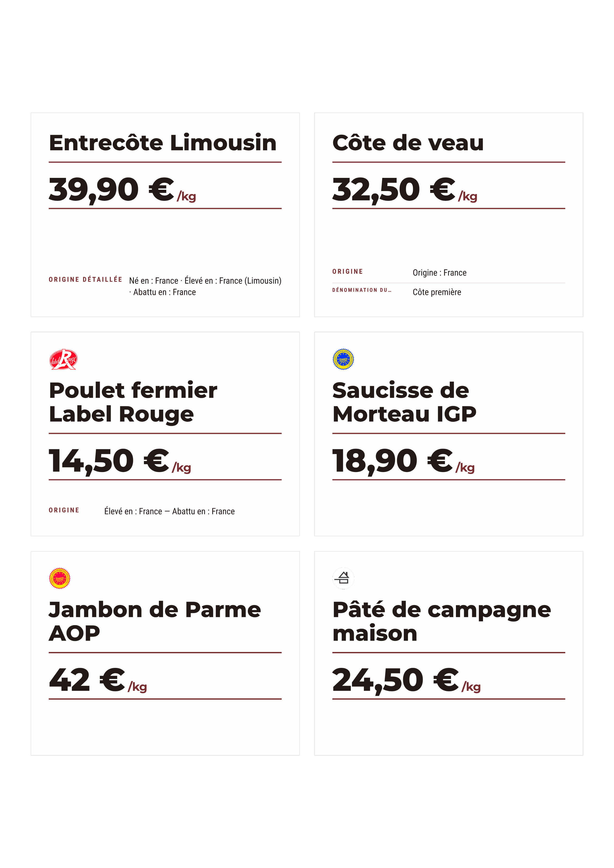 Planche d'étiquettes boucherie & charcuterie — origine détaillée, Label Rouge, IGP Morteau, AOP Parme