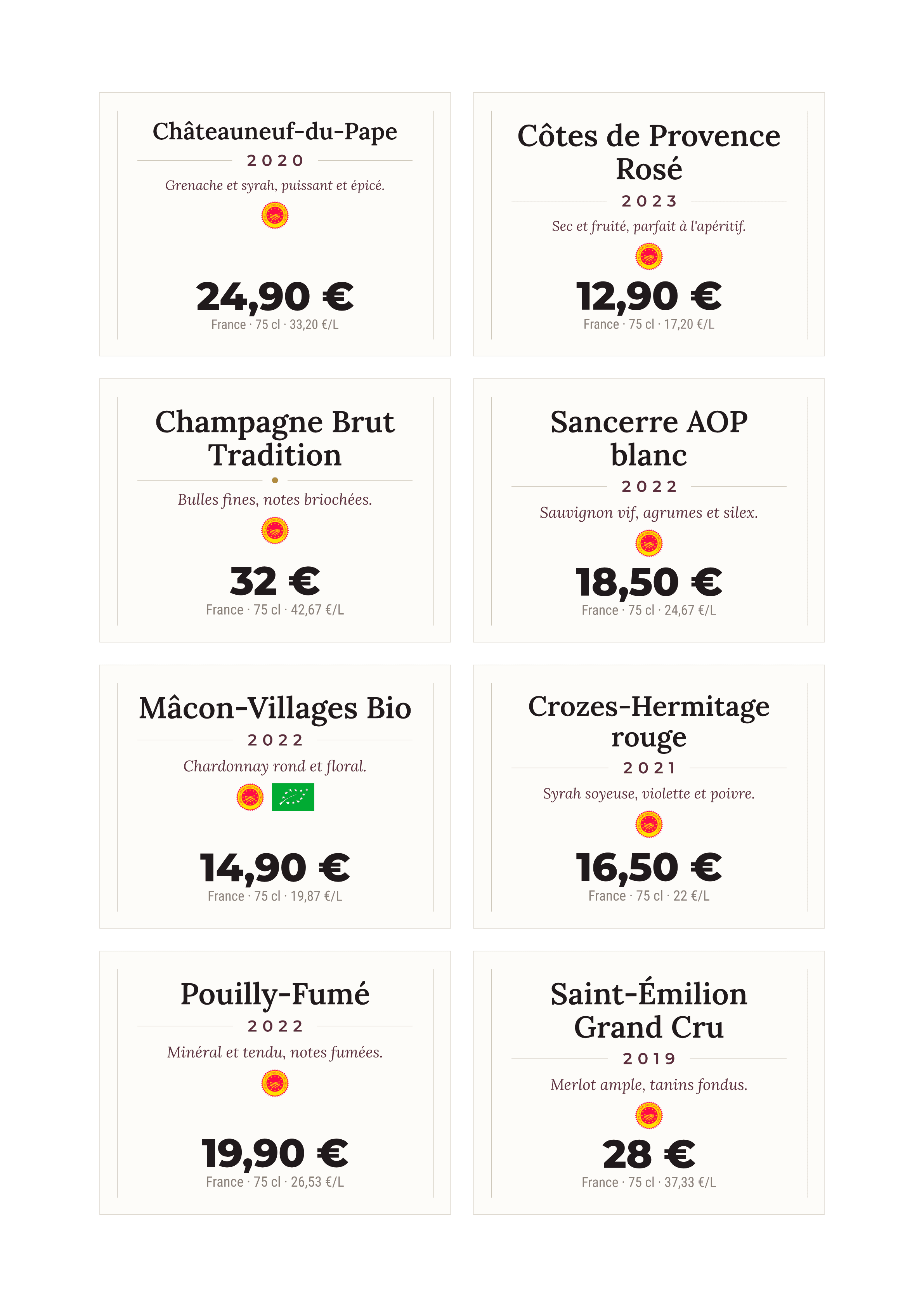 Planche A4 de huit écriteaux de vins variés (rouge, blanc, rosé, champagne, bio), chacun avec sa note de dégustation, prête à imprimer puis à découper