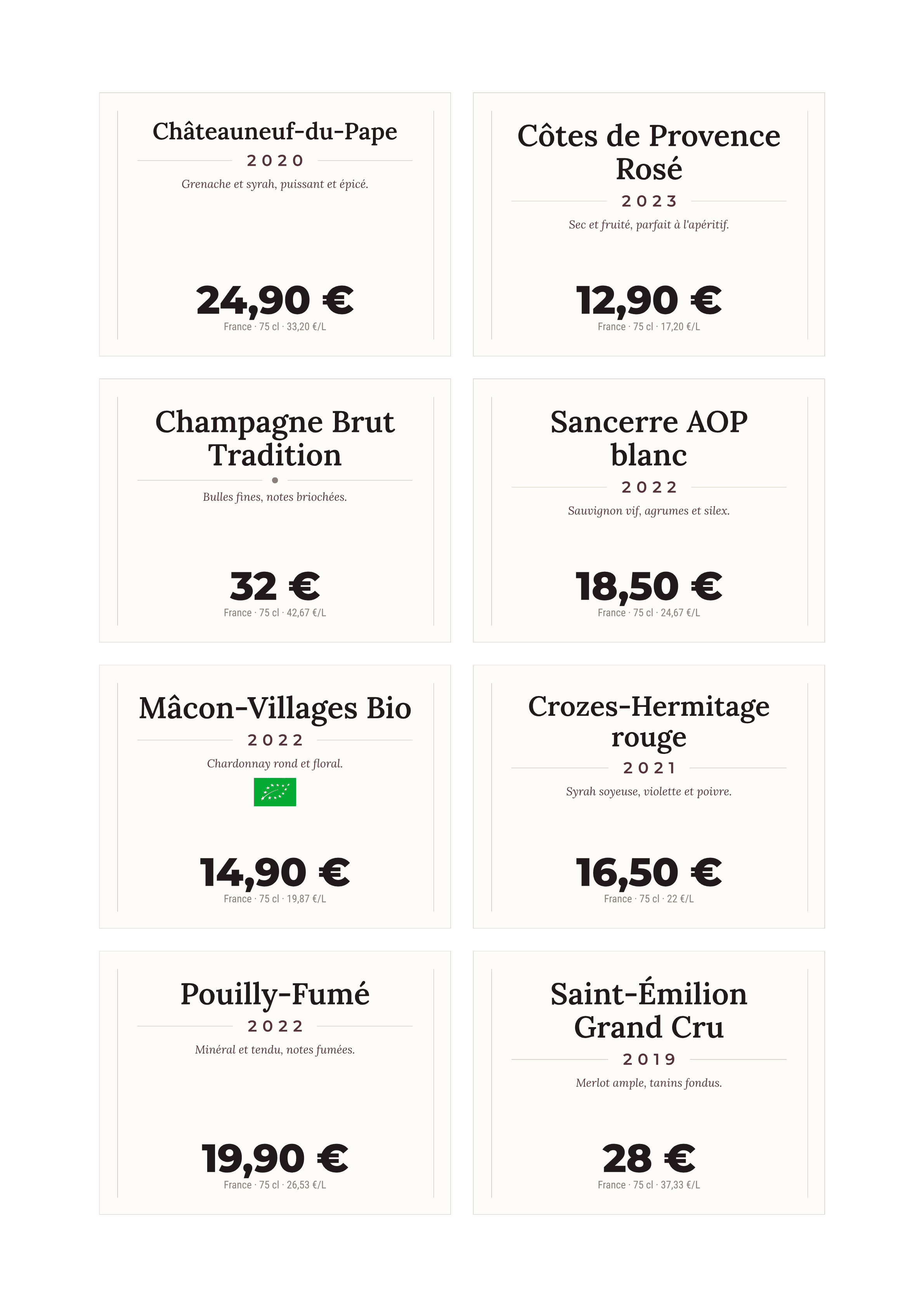 Planche A4 de huit écriteaux de vins variés (rouge, blanc, rosé, champagne, bio), chacun avec sa note de dégustation, prête à imprimer puis à découper