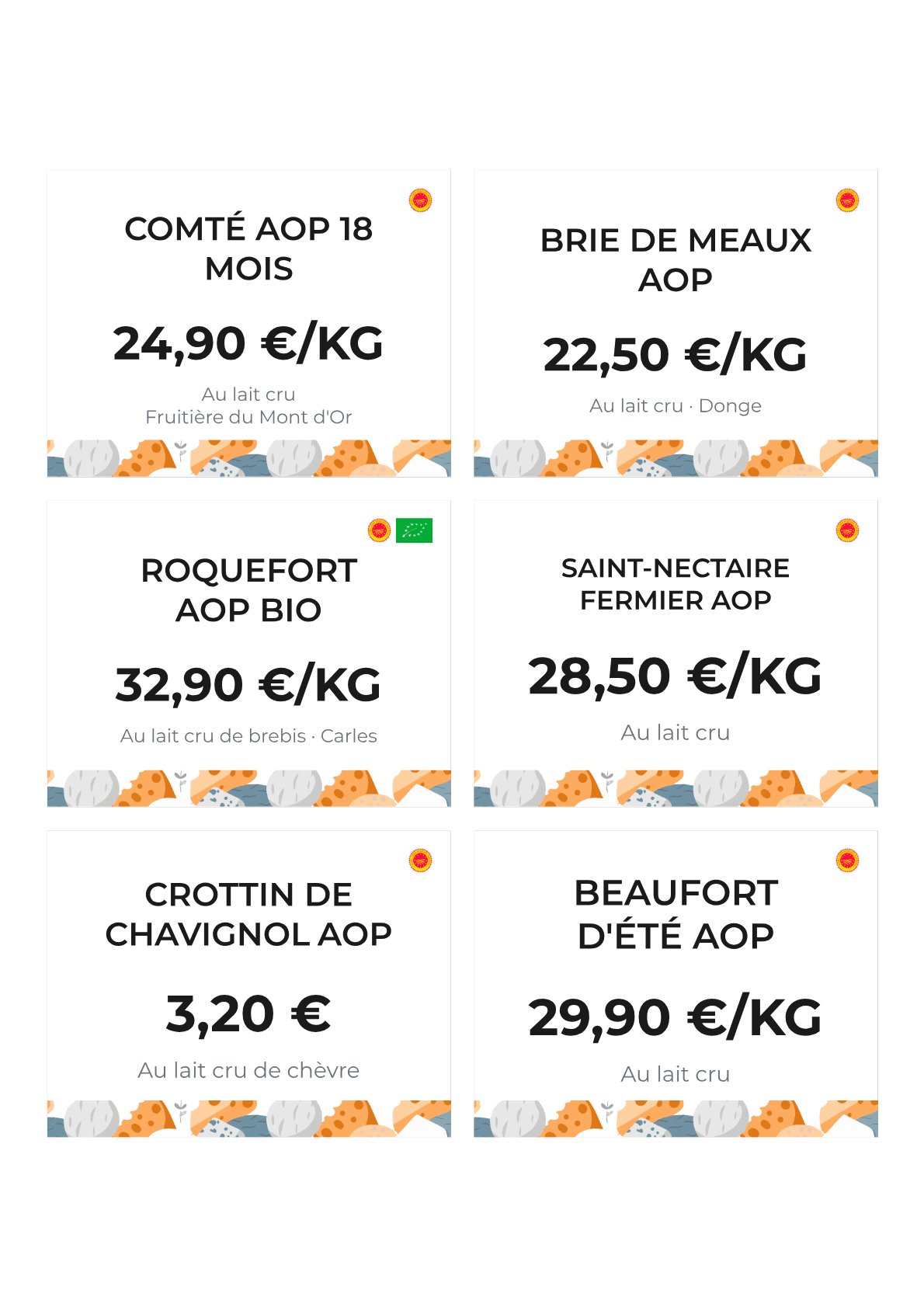Planche d'étiquettes fromagerie — Comté AOP, Brie de Meaux, Roquefort Bio, Saint-Nectaire fermier