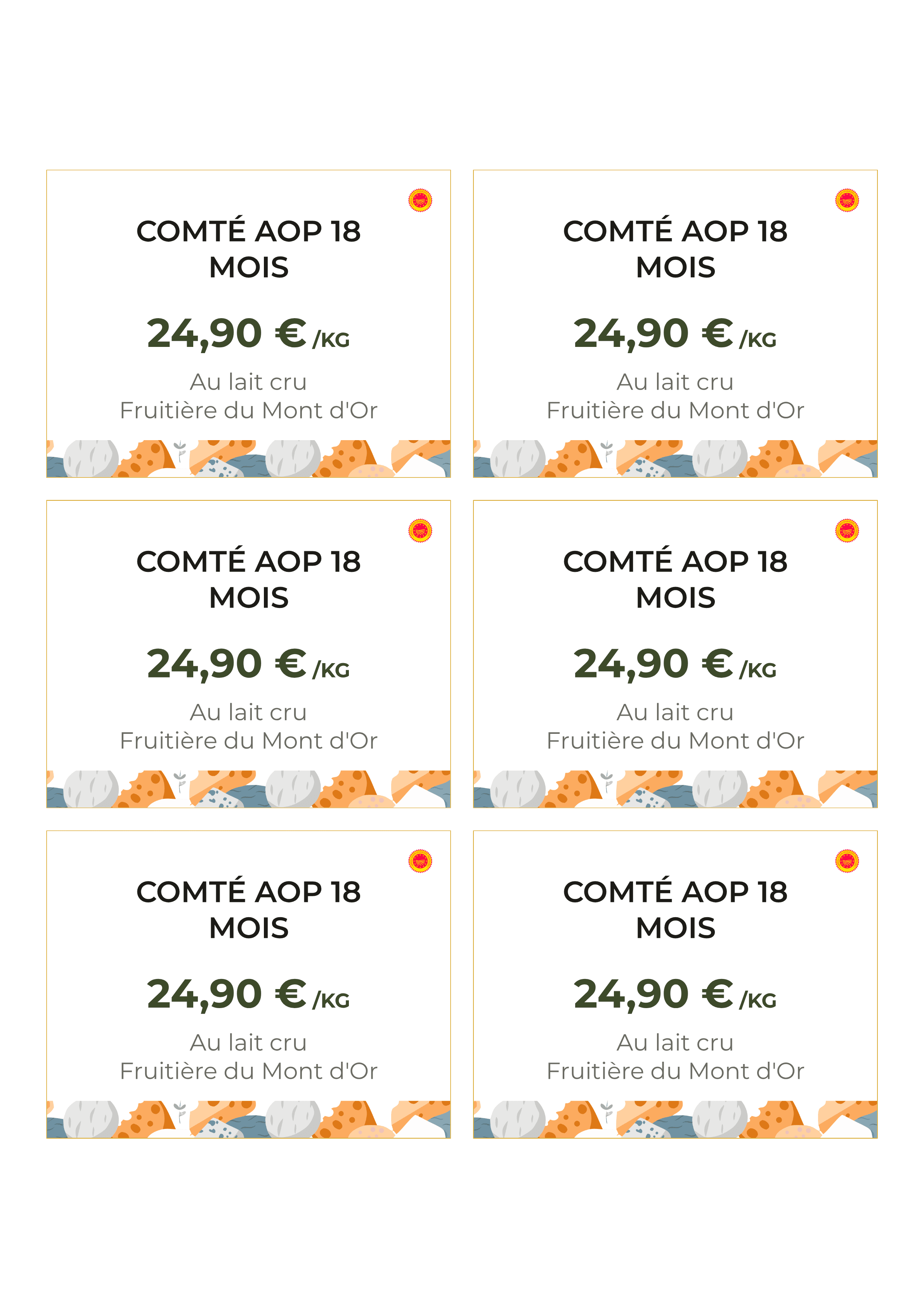 Planche A4 de six écriteaux de fromage identiques, prête à imprimer puis à découper