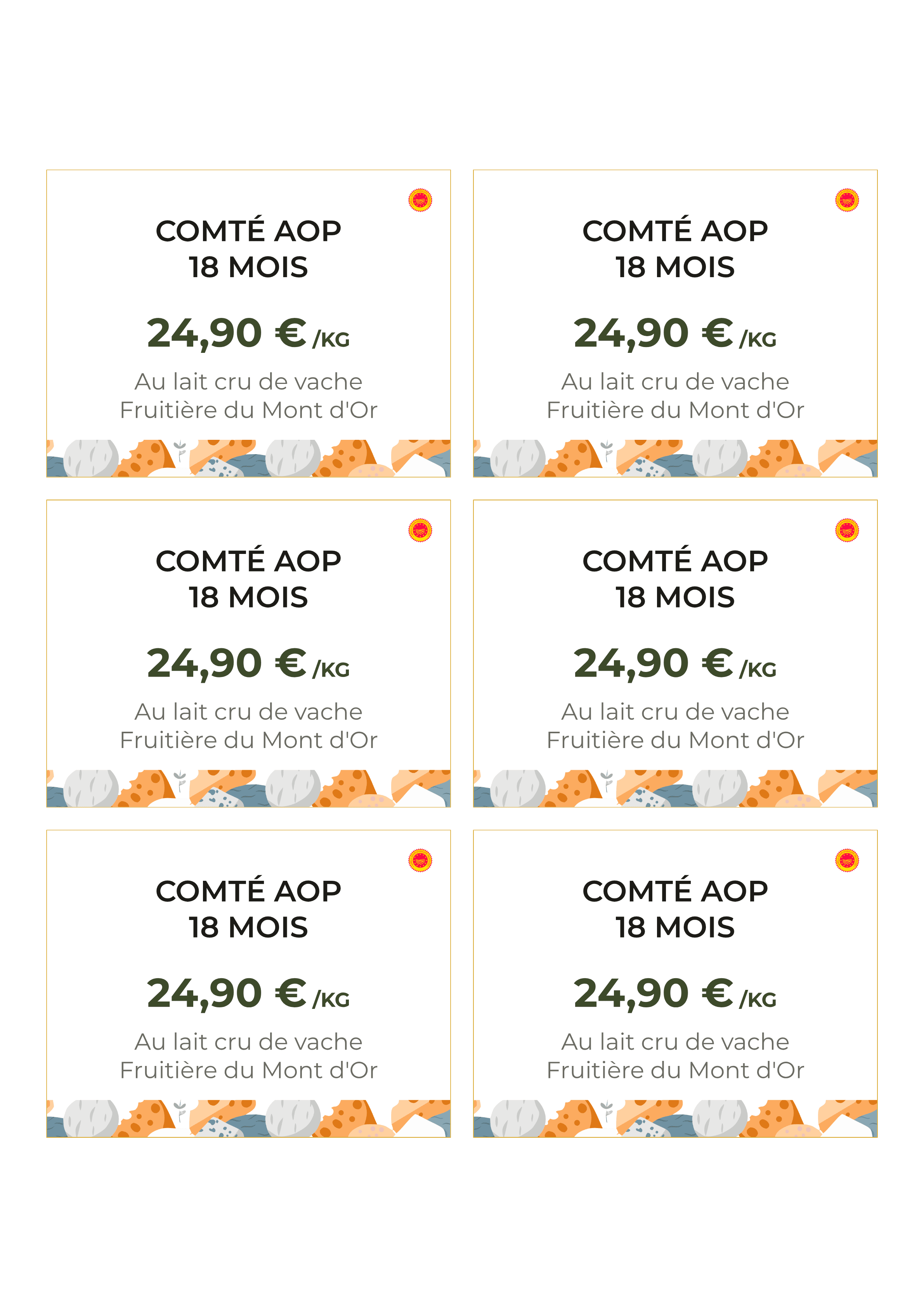 Planche A4 de six écriteaux de fromage identiques, prête à imprimer puis à découper