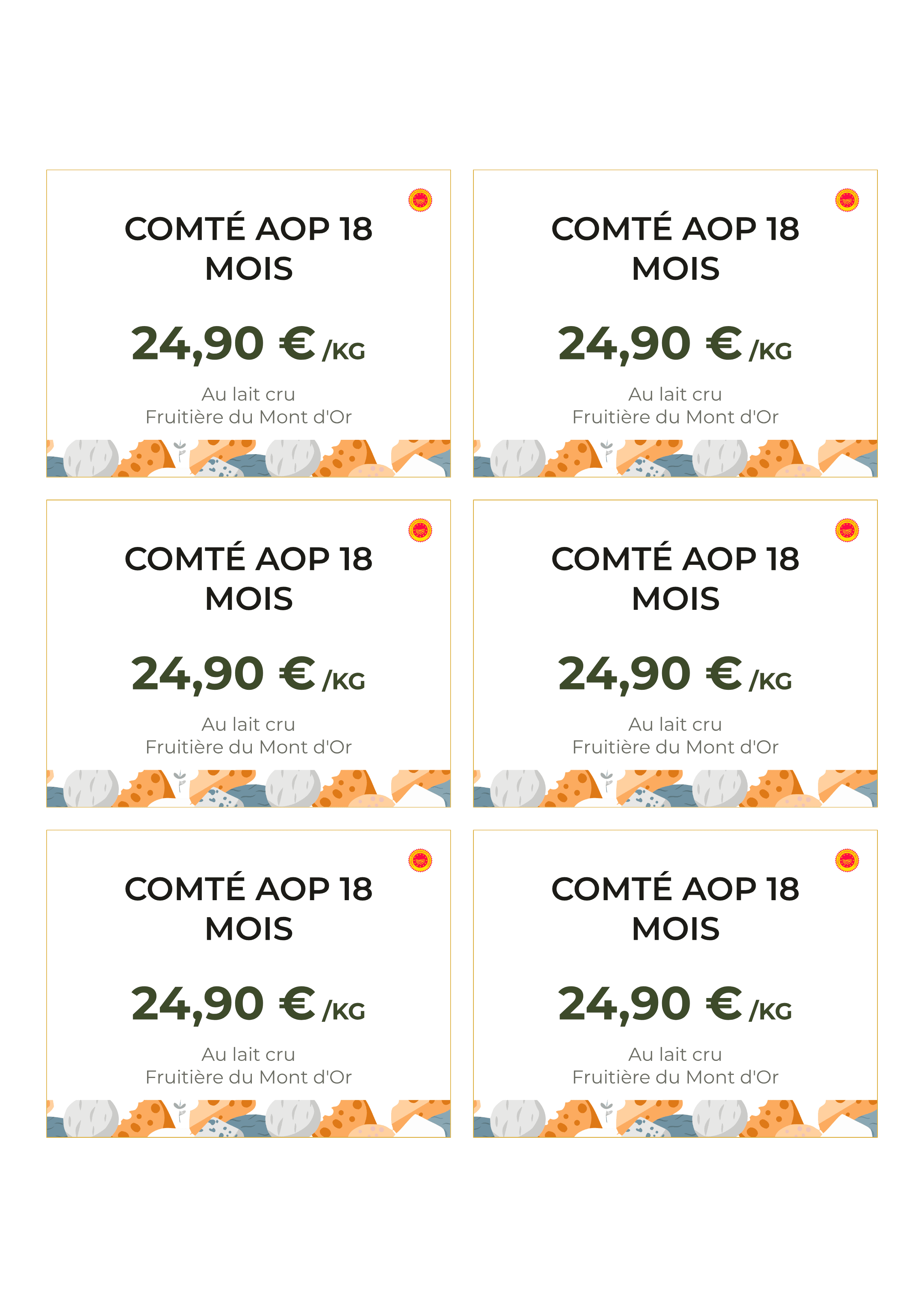 Planche A4 de six écriteaux de fromage identiques, prête à imprimer puis à découper
