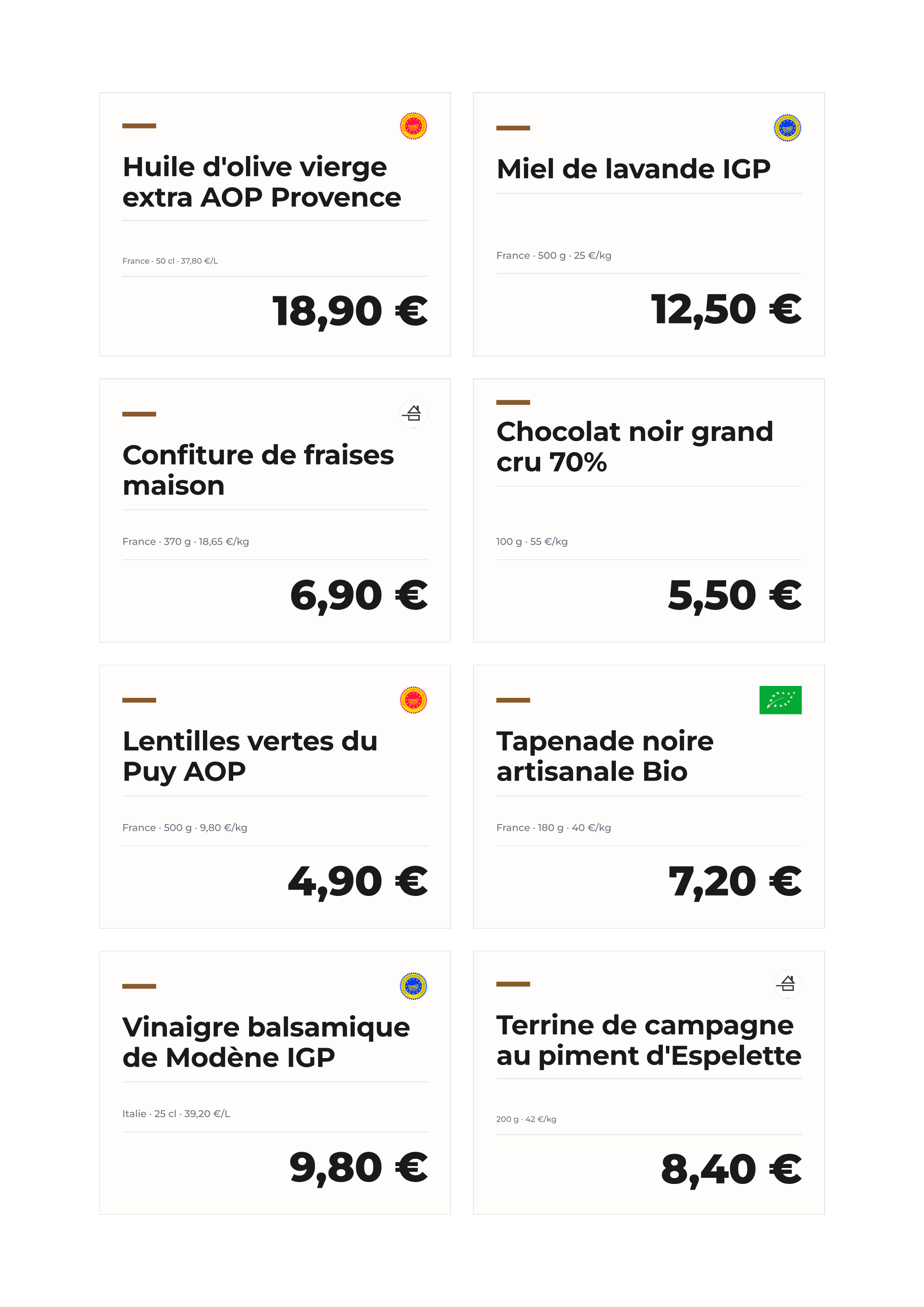 Planche A4 d'écriteaux de produits d'épicerie fine, chacun avec son prix, prête à imprimer puis à découper