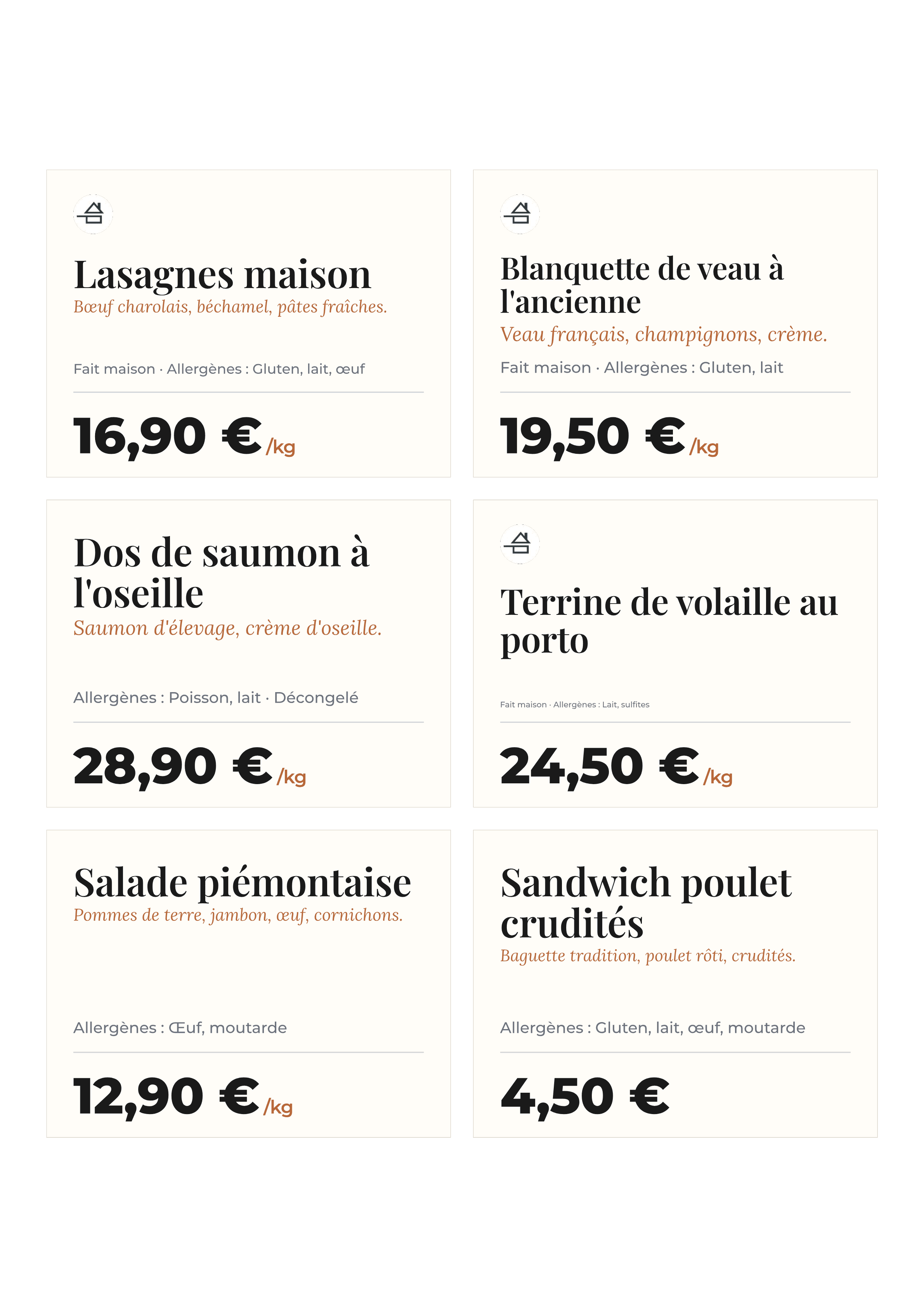 Planche A4 d'étiquettes de plats préparés — lasagnes, blanquette, saumon, terrine, salade et sandwich avec leurs compositions et allergènes — prête à imprimer puis à découper