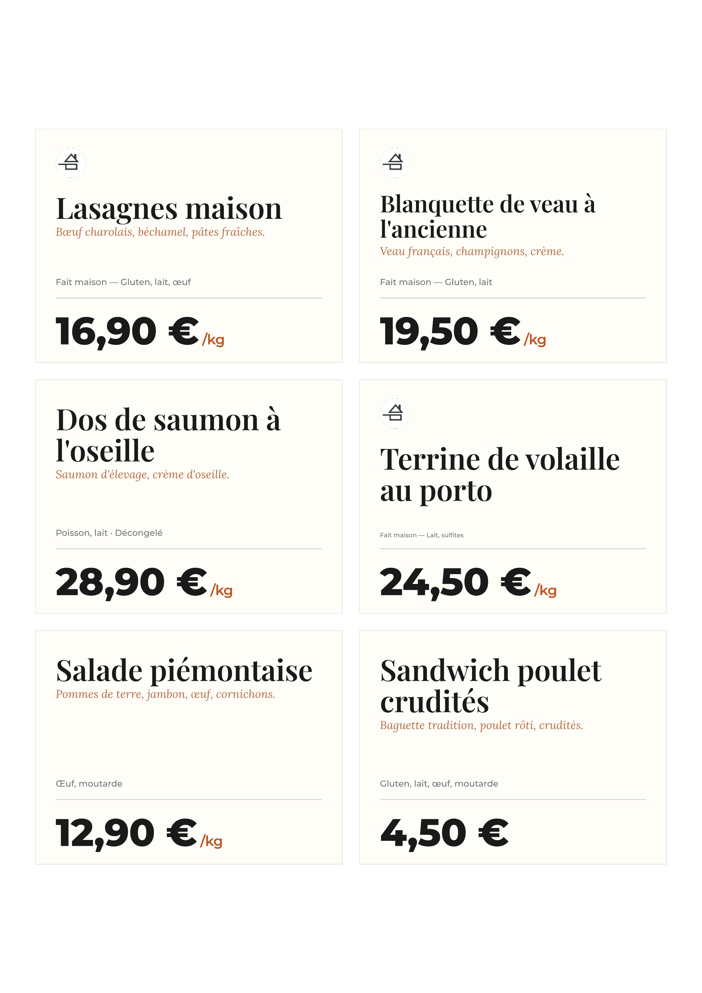 Planche A4 d'étiquettes de plats préparés — lasagnes, blanquette, saumon, terrine, salade et sandwich avec leurs compositions et allergènes — prête à imprimer puis à découper