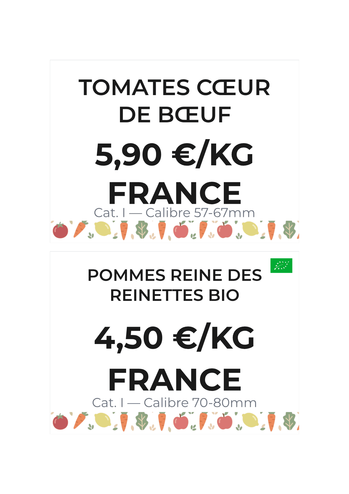 Folha de etiquetas-preço frutaria — variedade, calibre, origem Portugal, Bio