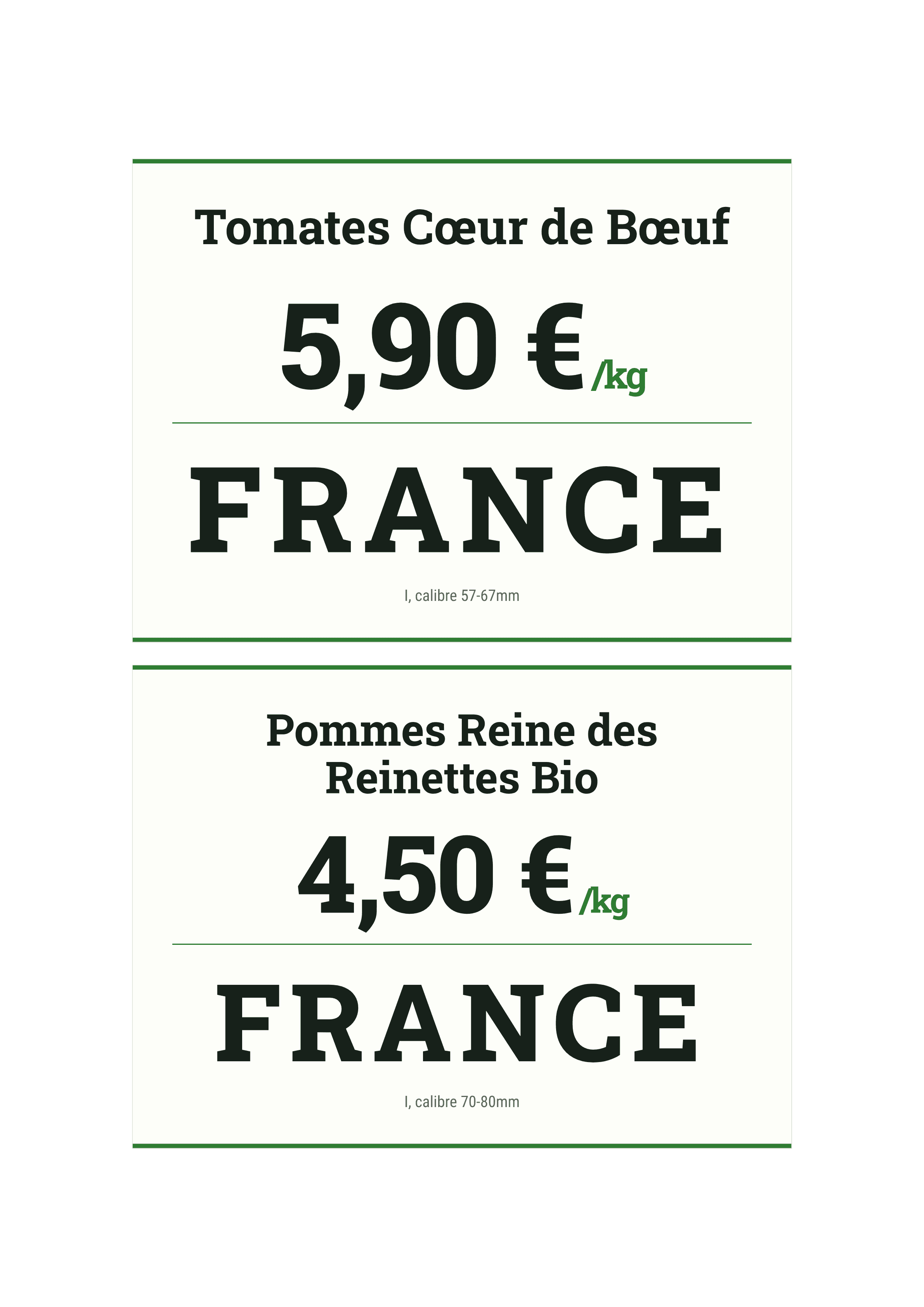 Planche A4 d'écriteaux de fruits et légumes variés, chacun avec sa variété, son origine et son prix au kilo, prête à imprimer puis à découper