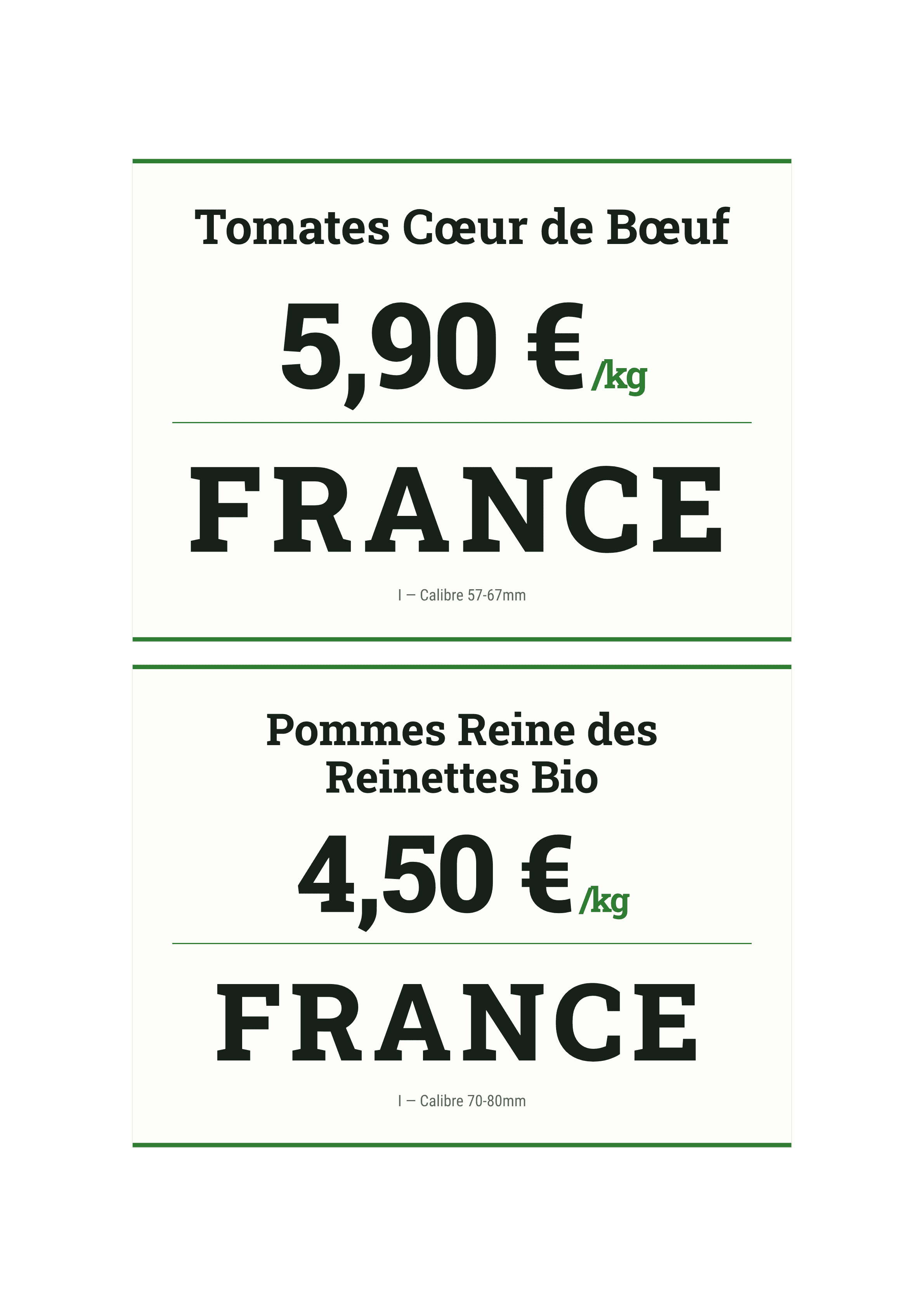 Planche A4 d'écriteaux de fruits et légumes variés, chacun avec sa variété, son origine et son prix au kilo, prête à imprimer puis à découper