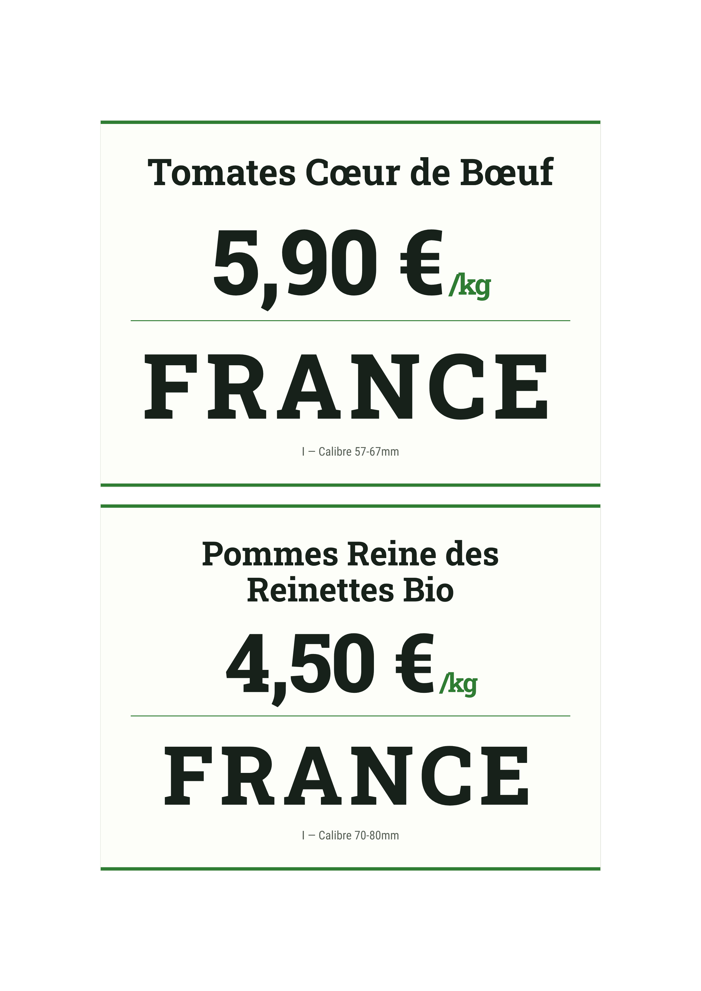 Planche pique-prix primeur — variété, calibre, origine France, Bio