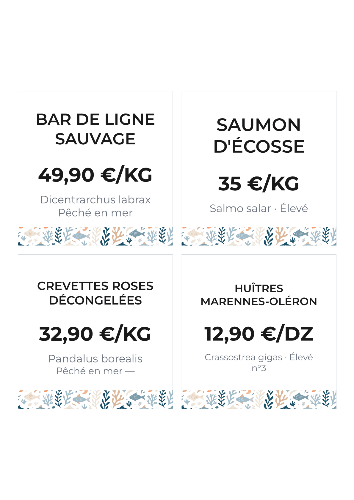 Planche d'étiquettes poissonnerie — zone FAO, nom scientifique, mention décongelé