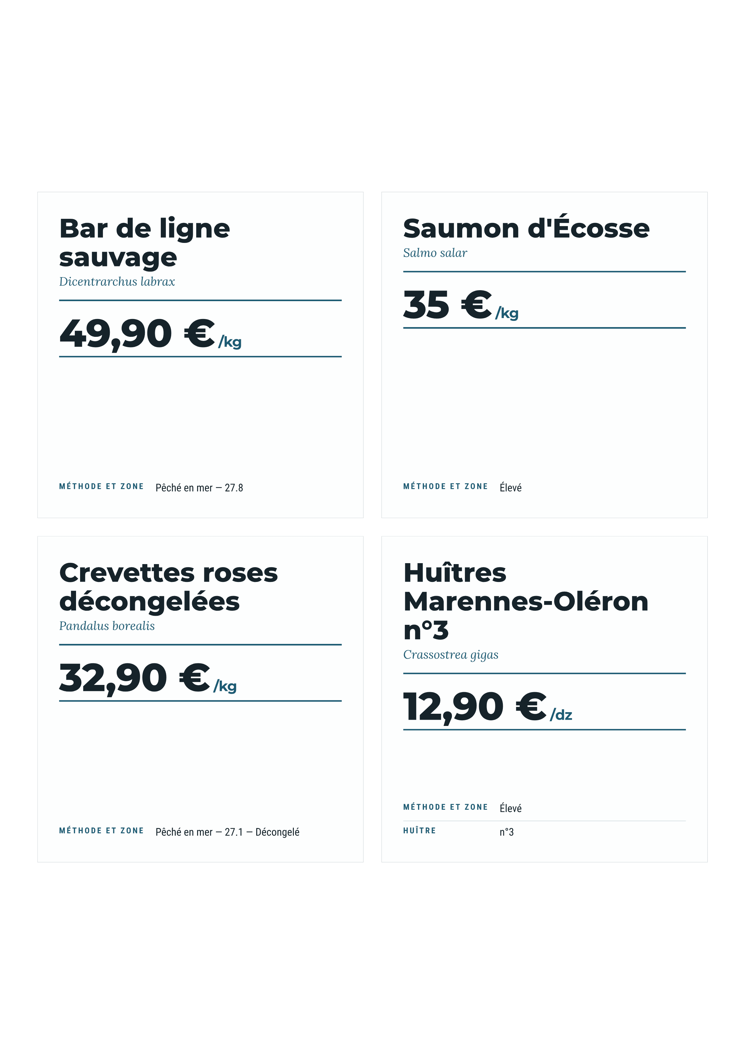 Planche d'étiquettes poissonnerie — zone FAO, nom scientifique, mention décongelé