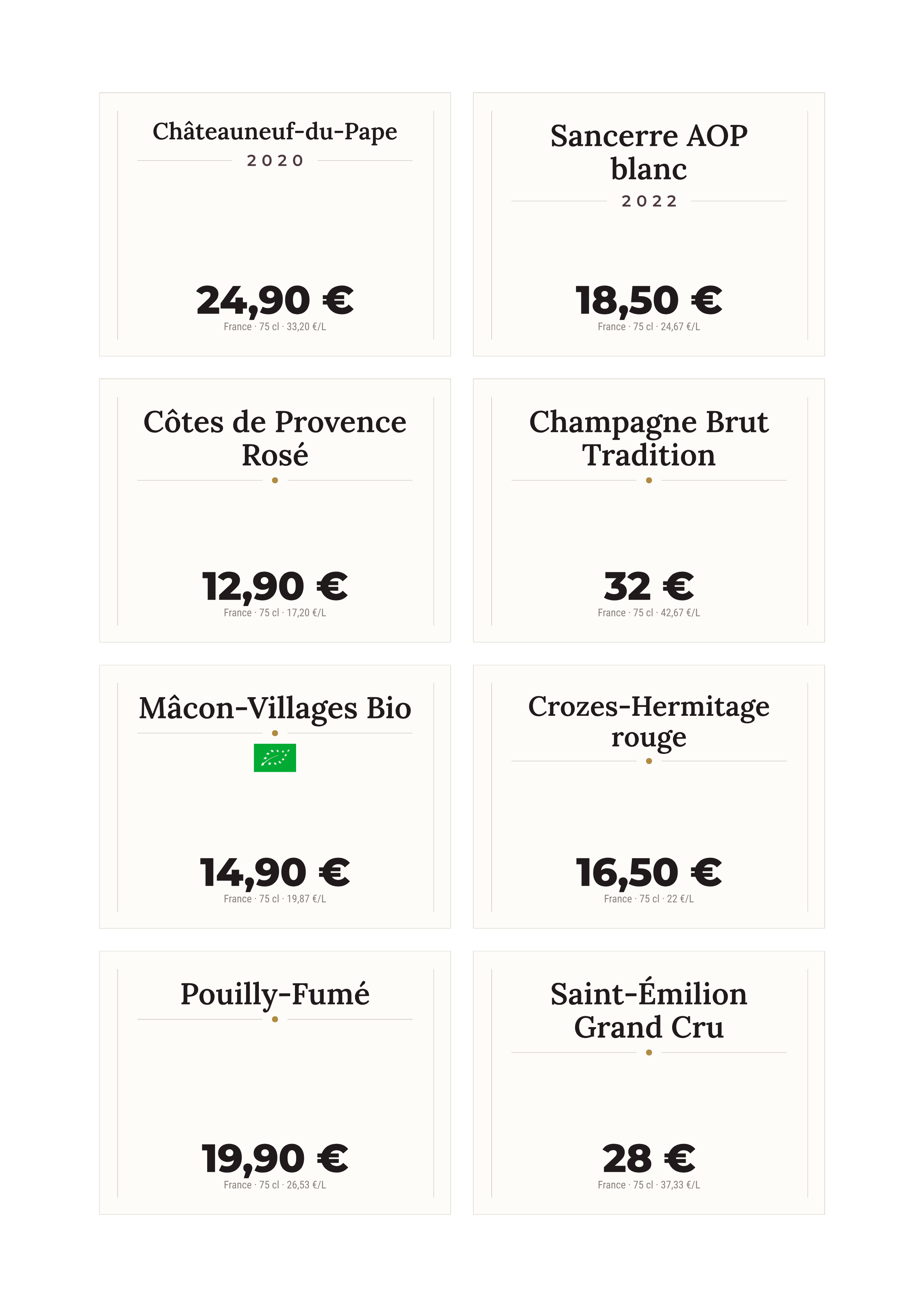 Planche d'étiquettes cave — neuf vins AOP français en format vitrine