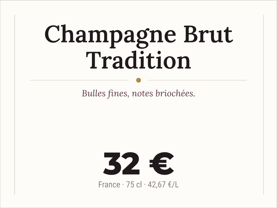 Écriteau de champagne brut avec note de dégustation, portant volume, origine et prix au litre, la sucrosité indiquée dans le nom