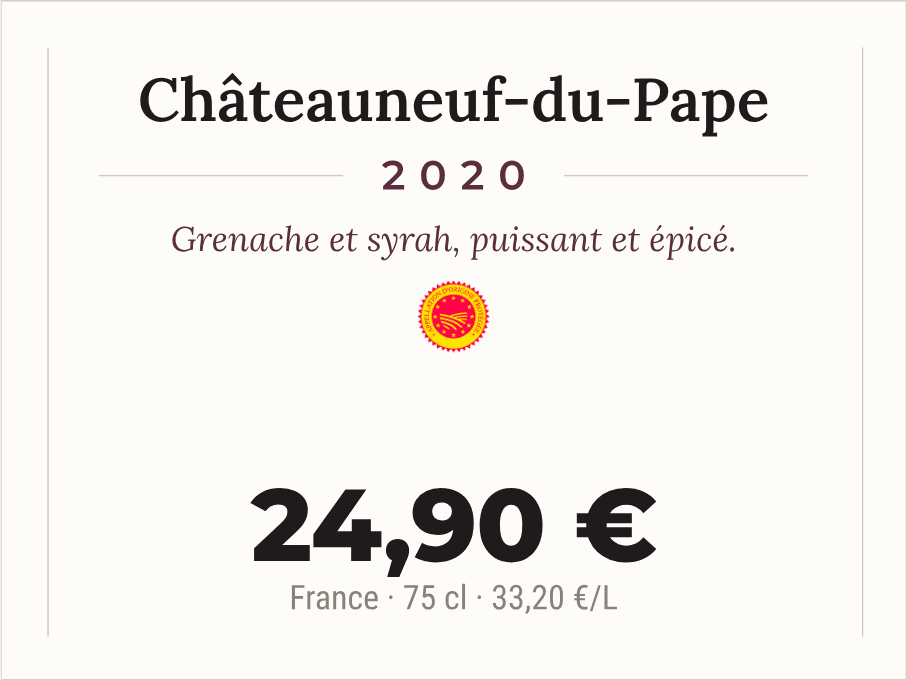 Écriteau de prix d'un Châteauneuf-du-Pape : appellation, millésime, note de dégustation, volume en centilitres, origine, prix à la bouteille et prix au litre