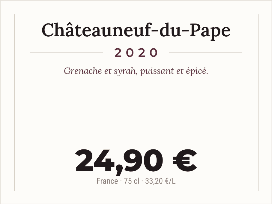 Écriteau de prix d'un Châteauneuf-du-Pape : appellation, millésime, note de dégustation, volume en centilitres, origine, prix à la bouteille et prix au litre