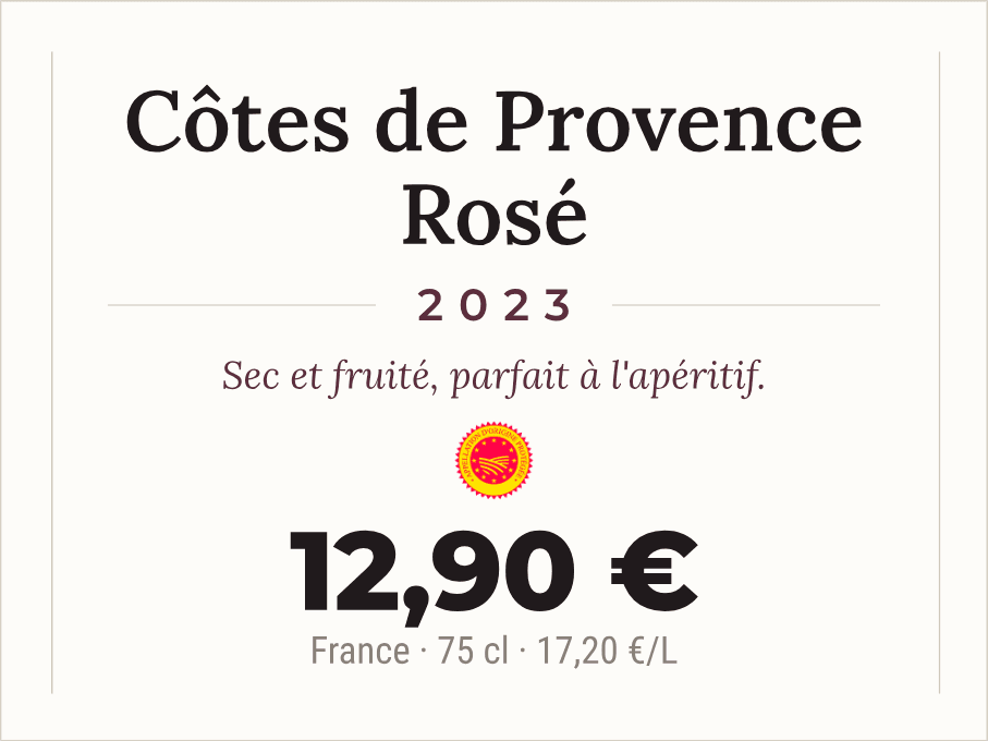 Écriteau de vin rosé Côtes de Provence, style épuré avec note de dégustation, portant volume, origine et prix au litre