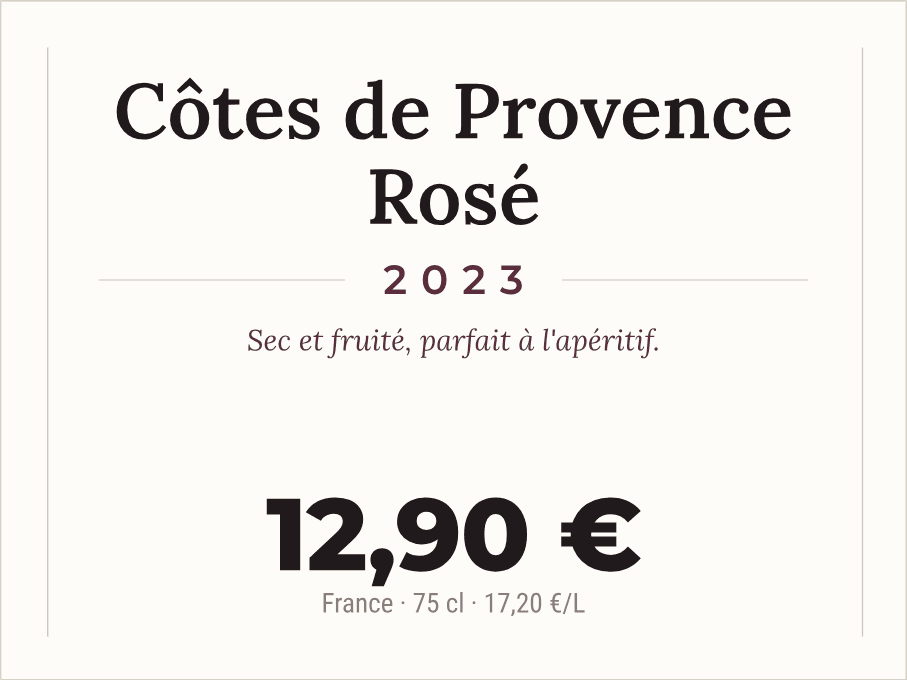 Écriteau de vin rosé Côtes de Provence, style épuré avec note de dégustation, portant volume, origine et prix au litre