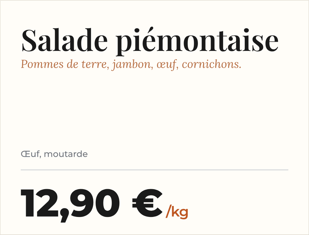 Étiquette de prix « Salade piémontaise » avec sa composition, ses allergènes et son prix au kilo, sans logo fait maison