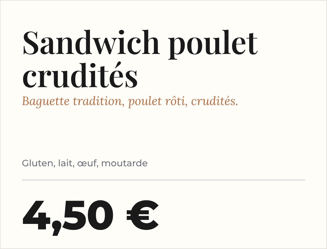 Étiquette de prix « Sandwich poulet crudités » vendue à la pièce, avec ses allergènes et un prix de 4,50 €