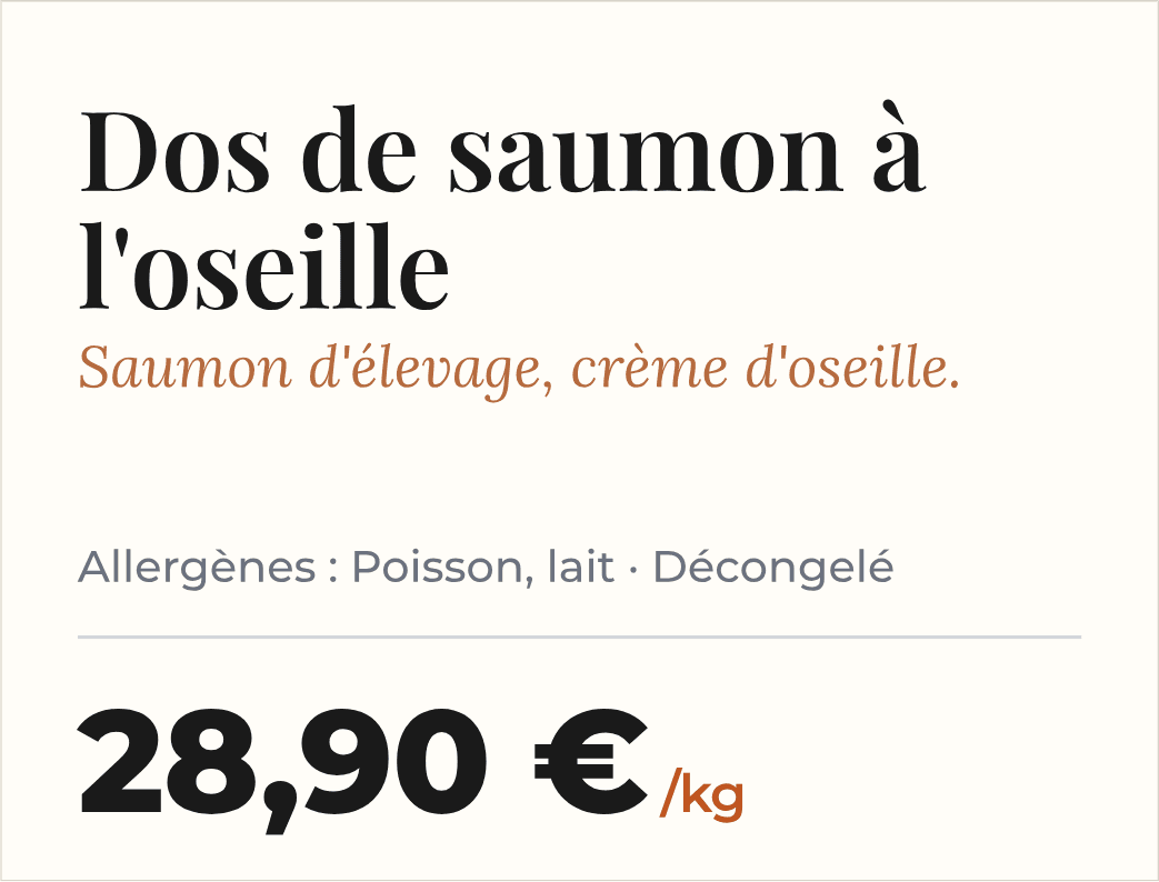 Étiquette de prix « Dos de saumon à l'oseille » avec la mention « Poisson, lait · Décongelé » et le prix au kilo