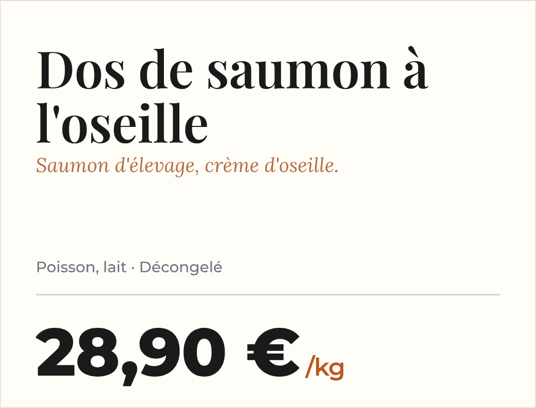 Étiquette de prix « Dos de saumon à l'oseille » avec la mention « Poisson, lait · Décongelé » et le prix au kilo