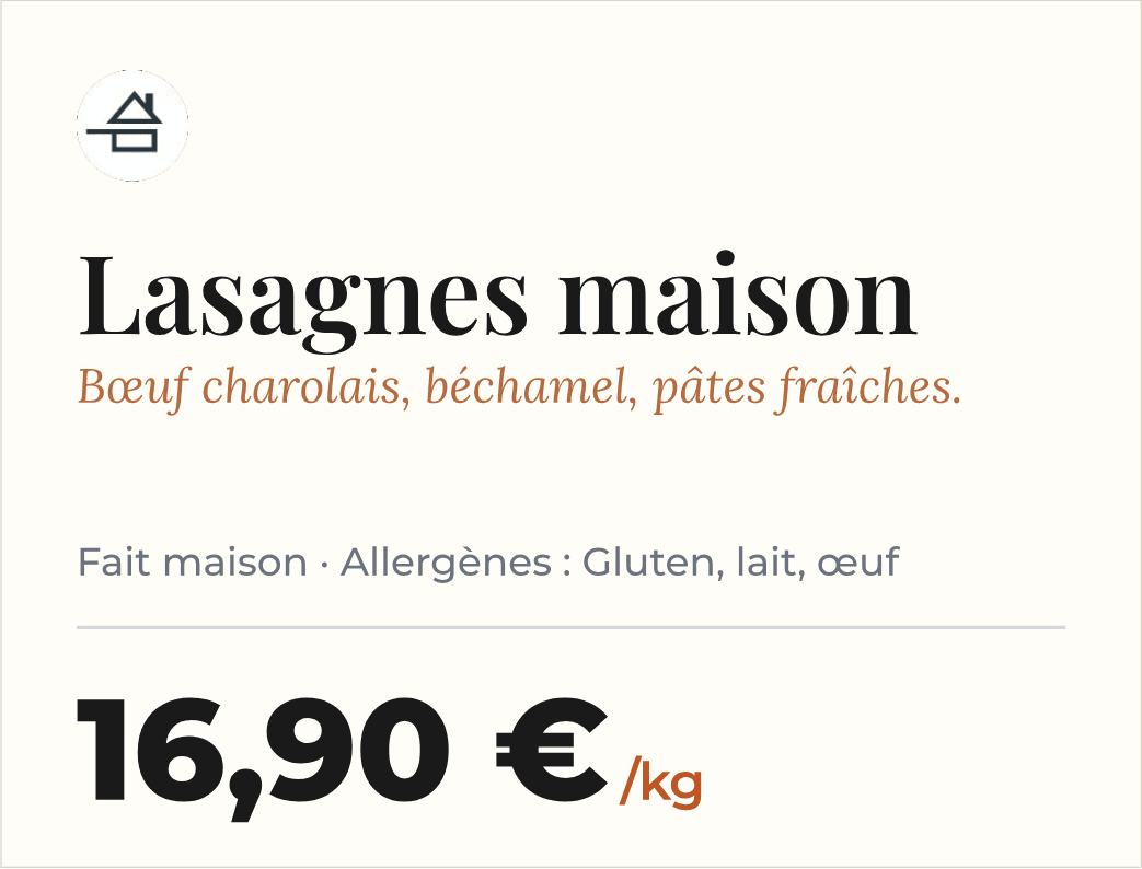 Étiquette de prix « Lasagnes maison » générée par PrixParfait : logo officiel fait maison, composition du plat, mention « Fait maison — Gluten, lait, œuf » et prix au kilo 16,90 €