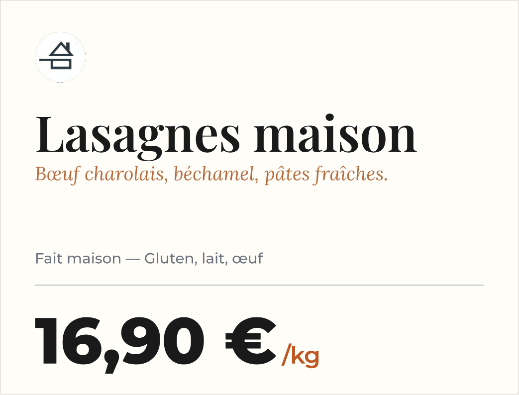 Étiquette de prix « Lasagnes maison » générée par PrixParfait : logo officiel fait maison, composition du plat, mention « Fait maison — Gluten, lait, œuf » et prix au kilo 16,90 €