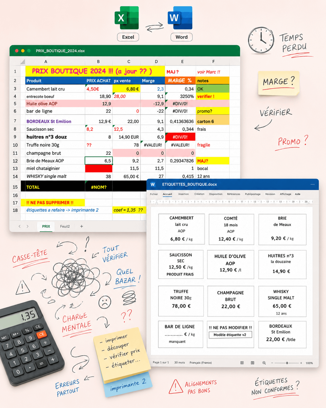 Tabela Excel e folha de etiquetas Word desorganizadas: fórmulas partidas, preços em falta, post-its escritos à mão, carga mental