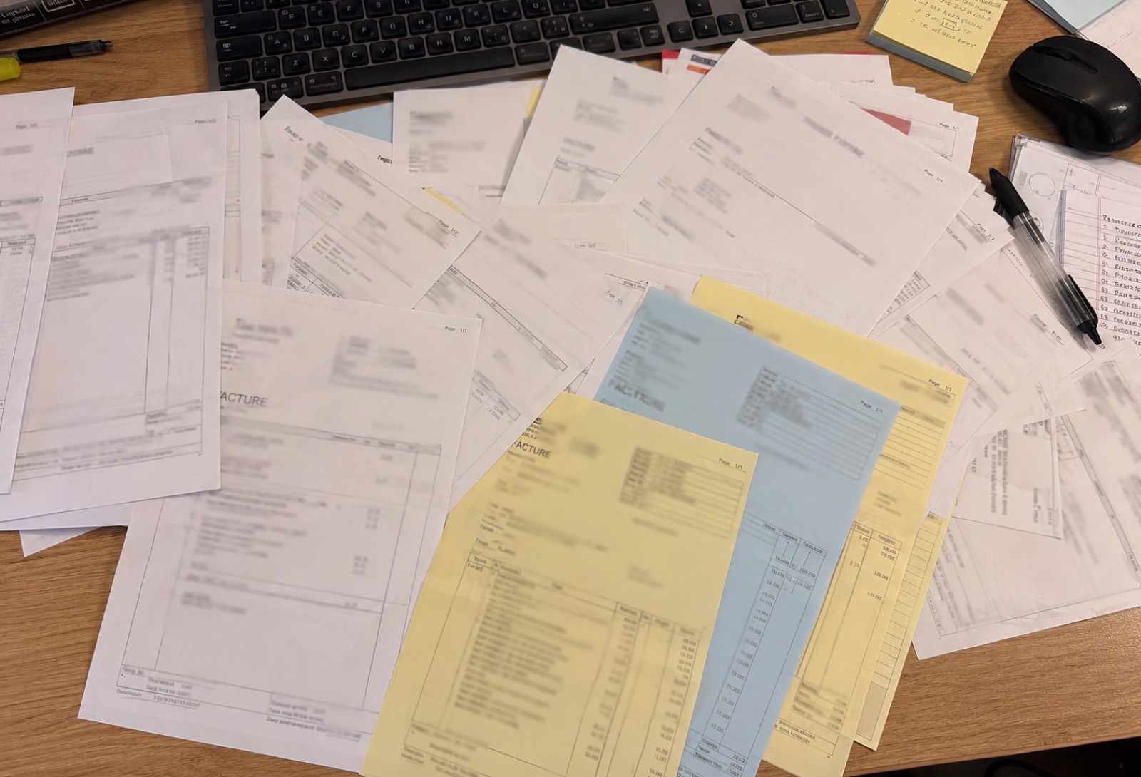 Pile de factures fournisseurs en vrac sur un bureau